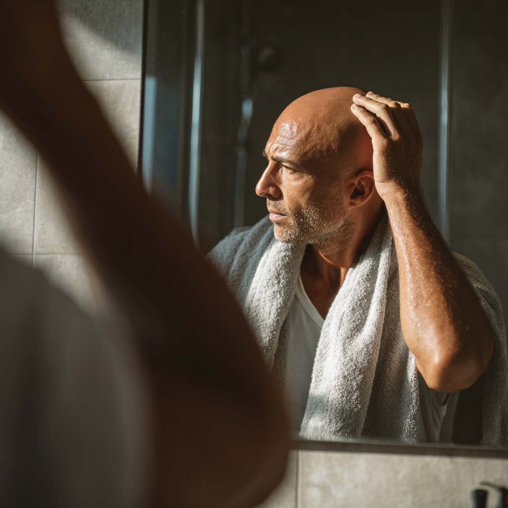 Mann mit Glatze im Badezimmer nach der morgendlichen Rasur