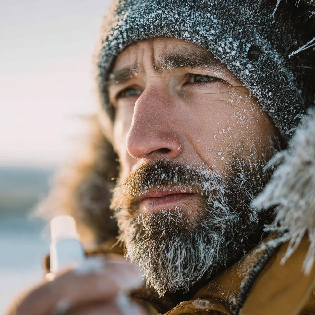 Mann mit Vollbart im Winter mit Winterkleidung und Schnee im Bart