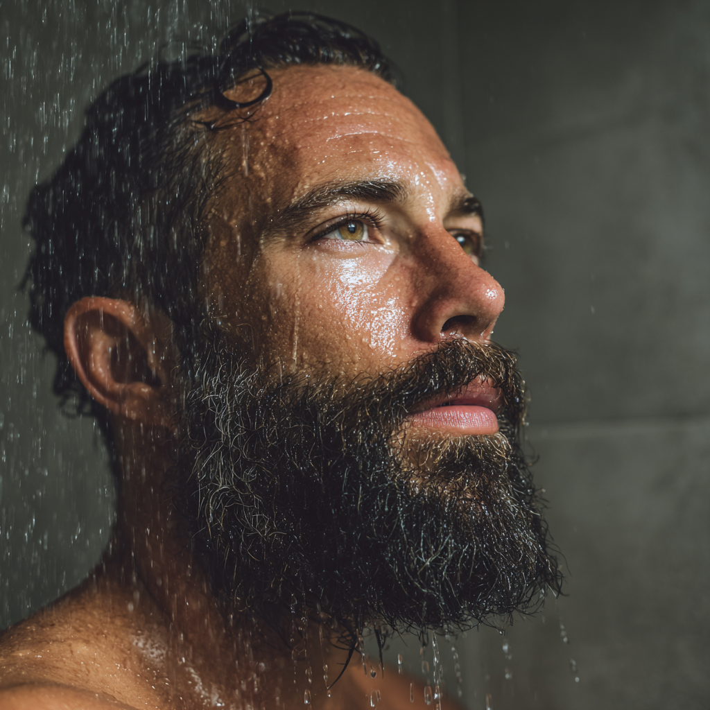 Mann mit vollen Haar und Vollbart mit braunen Augen unter der Dusche. Haare Bart und Gesicht sind nass