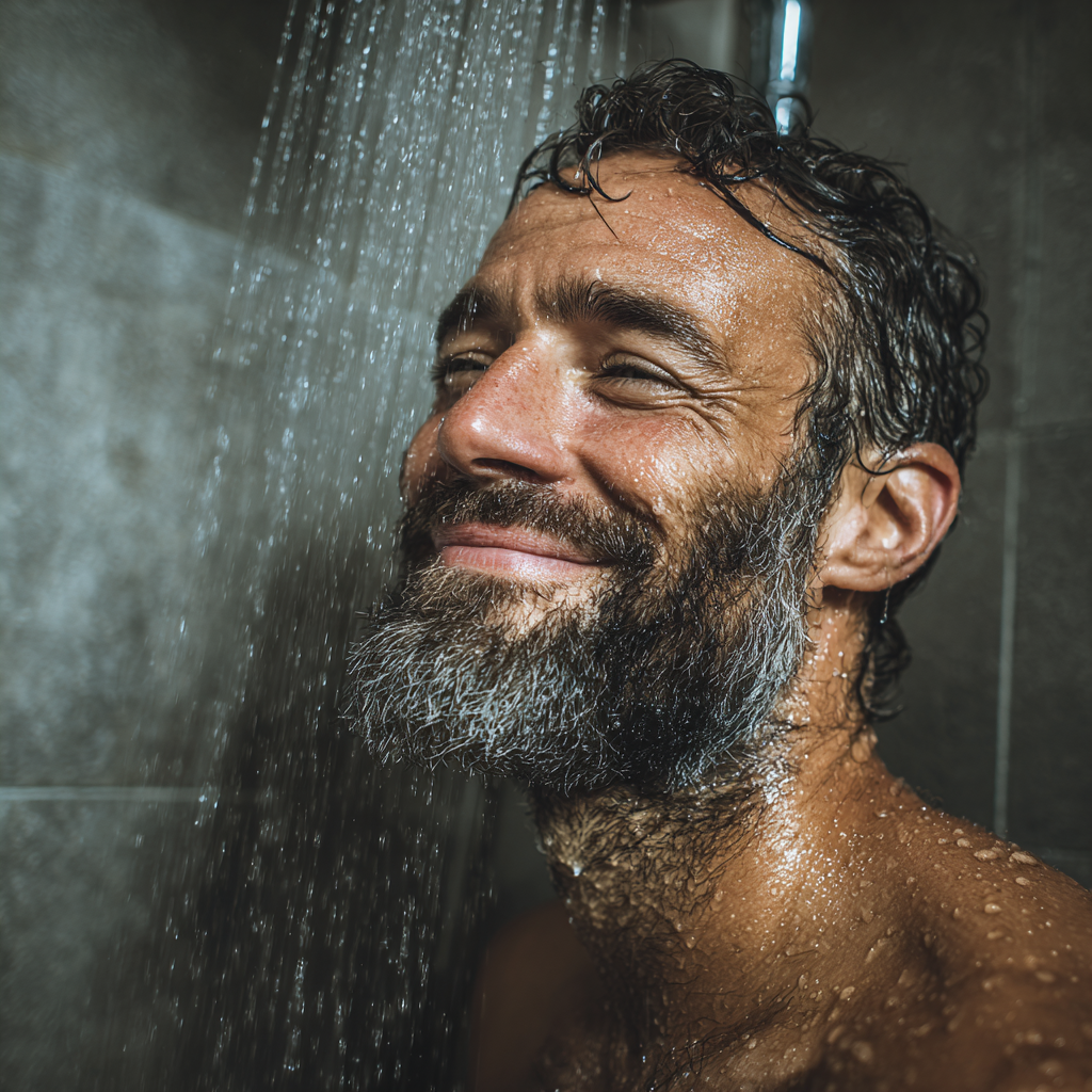 Mann wäscht seinen bart unter der dusche und scheint glücklich