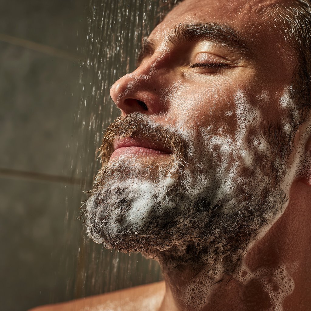 Man steht in der dusche und lässt die Seife in seinen Bart einwirken