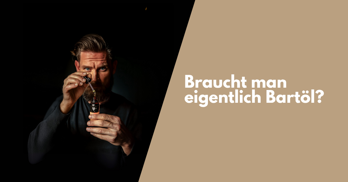 Mann mit Haaren und Vollbart mit einer Flasche Bartöl in der Hand