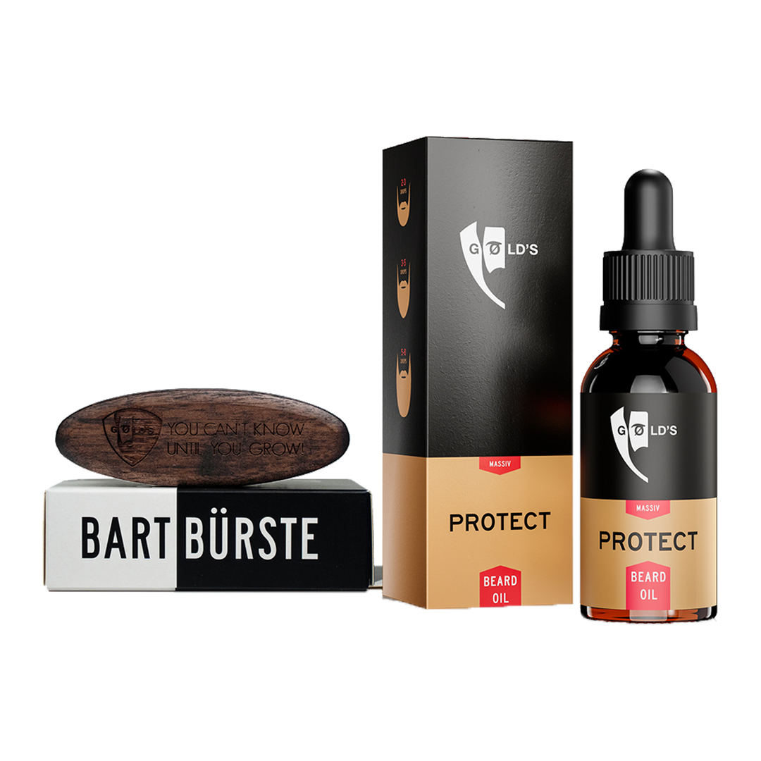 Bartpflege Starter Set mit Der Bartbürste Wildschweinborsten und Bartöl Protect von GØLD'S / Goelds #waehle-deine-buerste_wildschweinborsten