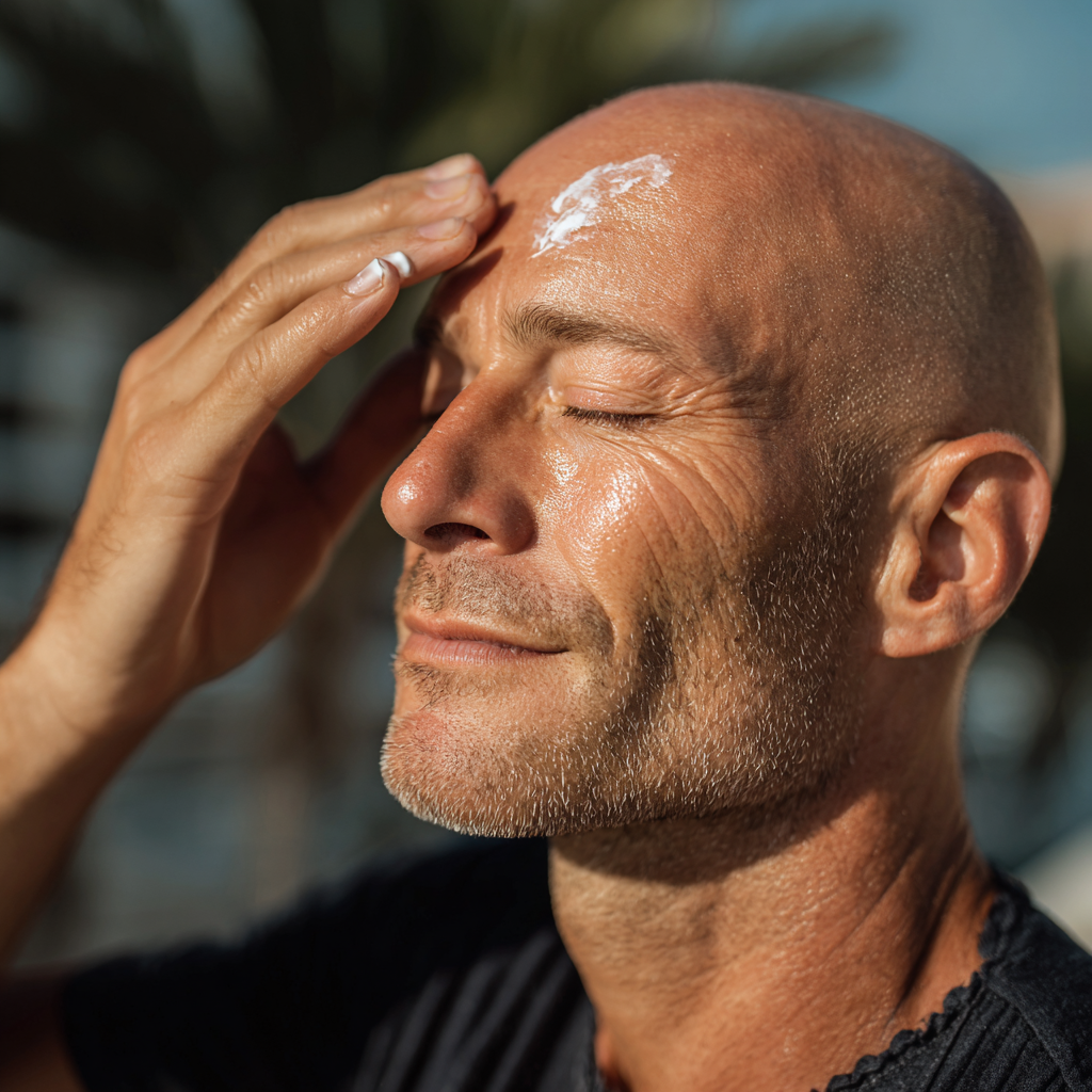 Mann mit Glatze cremt sich bei Sonnenschein seine Glatze ein